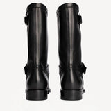 Back view of black wild calf ankle boot on white background with no model shown.