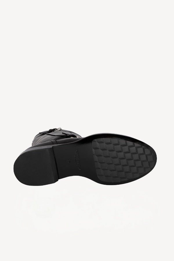 Sole view of black wild calf ankle boot on white background, with no model shown.