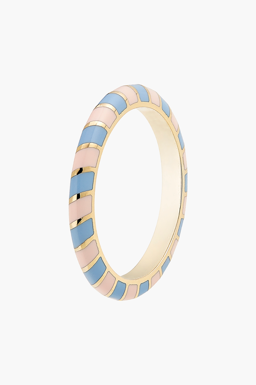 14K Yellow Gold Memphis Candy Pale Pink & Forget Me Not Blue Enamel Band with Pink Sapphire