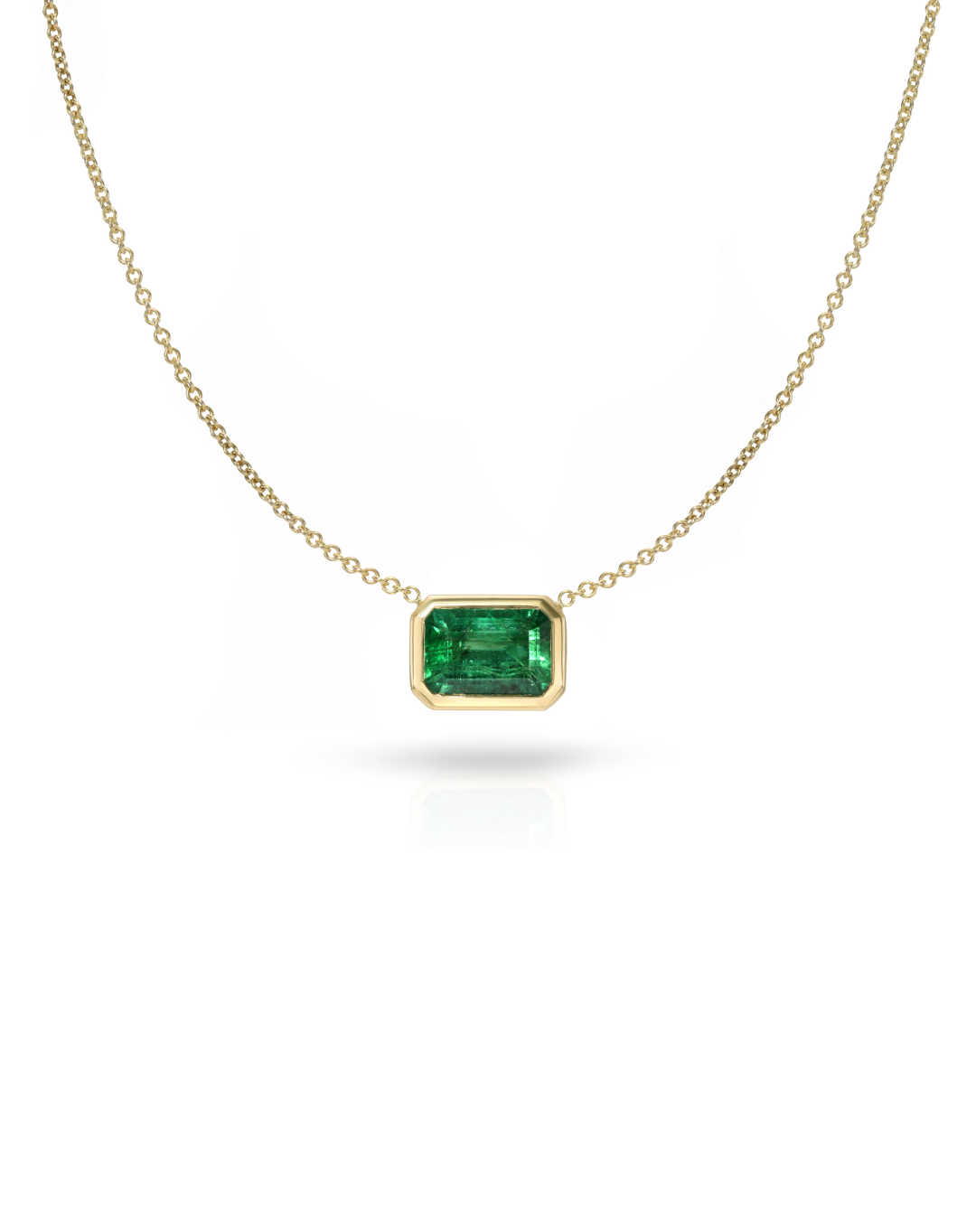 18K Yellow Gold 18" Green Emerald Bezel Set Necklace