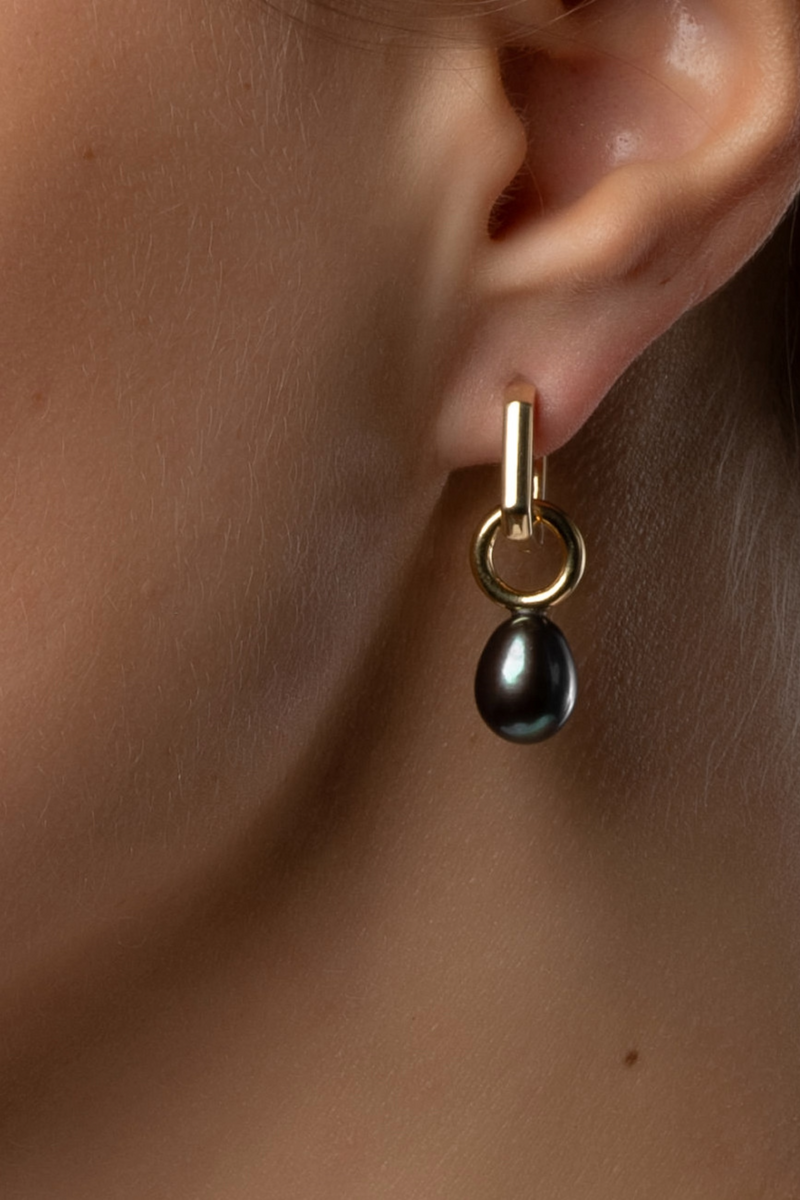 18K Yellow Gold Black Freshwater Pearl Drops