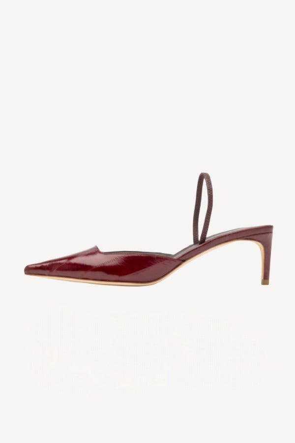 Left side view of merlot aminta eel slingback pump on white background, with no model shown.
