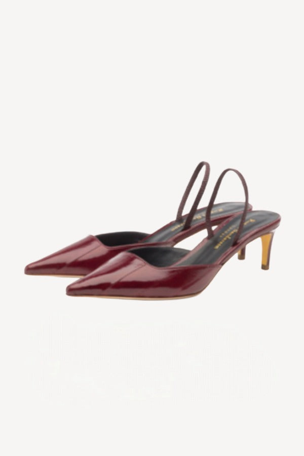 Pair view of merlot aminta eel slingback pump on white background, with no model shown.