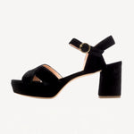 Right side view of black crushed velvet deidre platform sandal on white background, with no model shown.