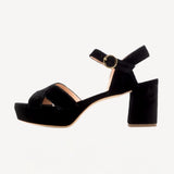 Right side view of black crushed velvet deidre platform sandal on white background, with no model shown.