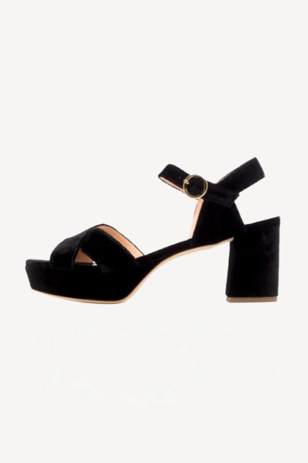 Right side view of black crushed velvet deidre platform sandal on white background, with no model shown.