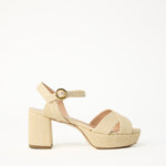 Alternate right side view of natural raffia deidre platform on white background, with no model shown.