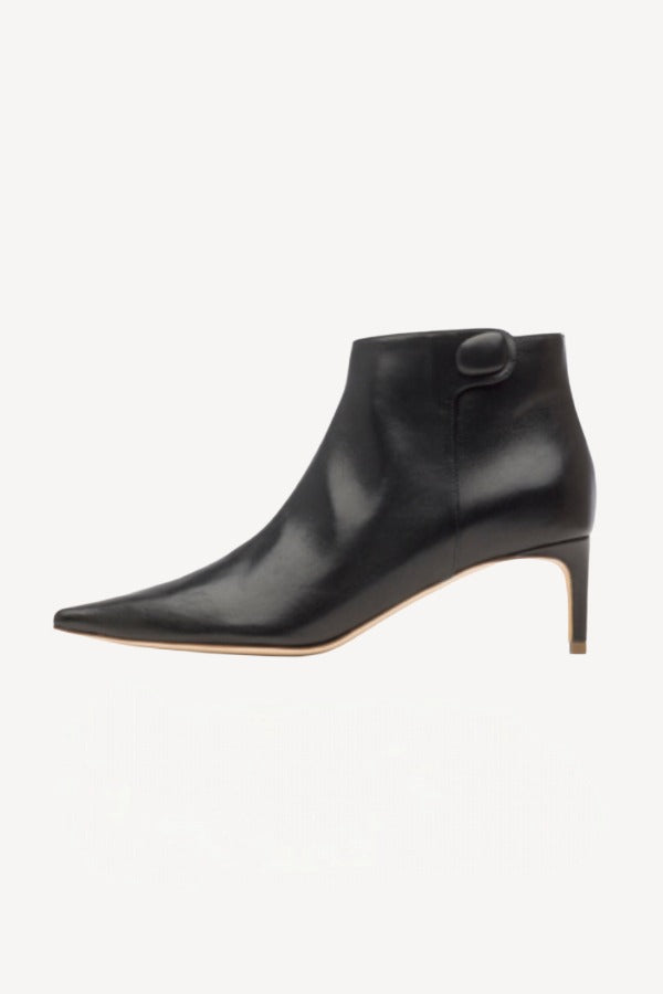 Left side view of black flame ankle boot on white background, with no model shown.