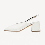 Right side view of off white marquito block heel on white background, with no model shown.
