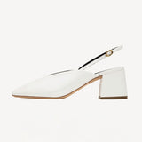 Right side view of off white marquito block heel on white background, with no model shown.