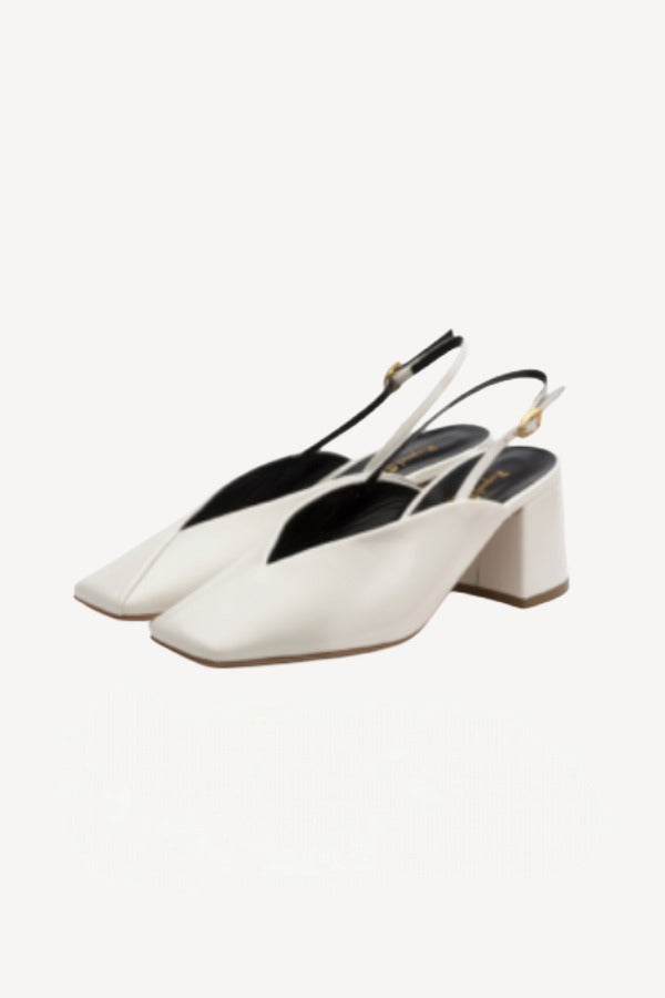 Pair view off white marquito block heel on white background, with no model shown.