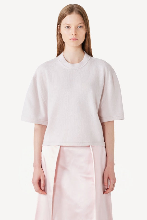 Front view of nude cashmere cropped t-shirt on model wearing pink skirt, against a white background.