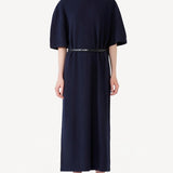 Front view of cielo cashmere long t-shirt dress on model wearing red heels, against a white background.