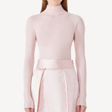 Front view of light pink cashmere l/s high neck sweater on model wearing pink skirt, against a white background.