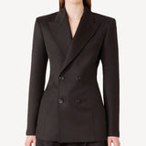 Front view of brown l/s wool double breast tuxedo jacket on model wearing brown pants, against a white background.