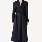 Front view of navy l/s wool lauren trench coat on model wearing black pants, against a white background.