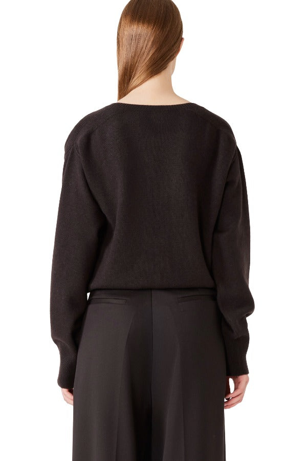 Back view of brown lavinia v-neck sweater on model wearing brown pants, against a white background.