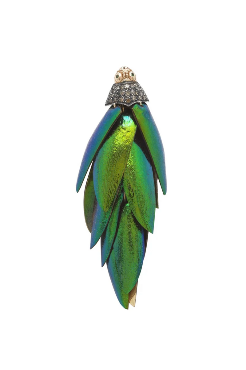 18K Rose Gold and Sterling Silver Scarab Bunch Single Earring with Brown Diamonds & Tsavorites
