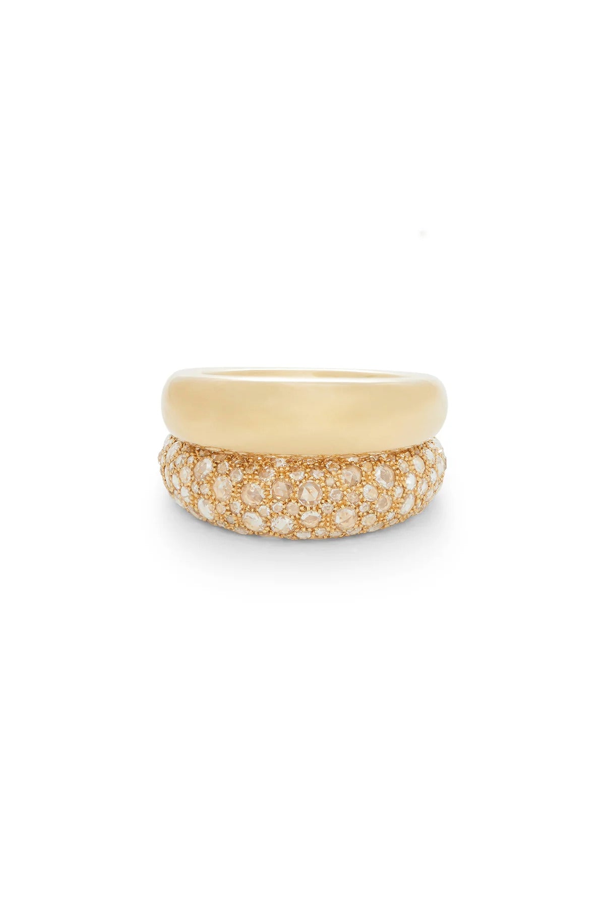 18K YG 7mm French Dome Ring with other YG Ring on white background, with no model shown.