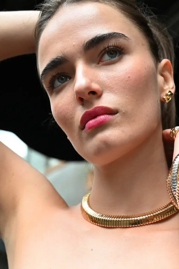 Front view of 18k YG Collana D'Oro Necklace on model wearing other Sidney Garber jewlery.
