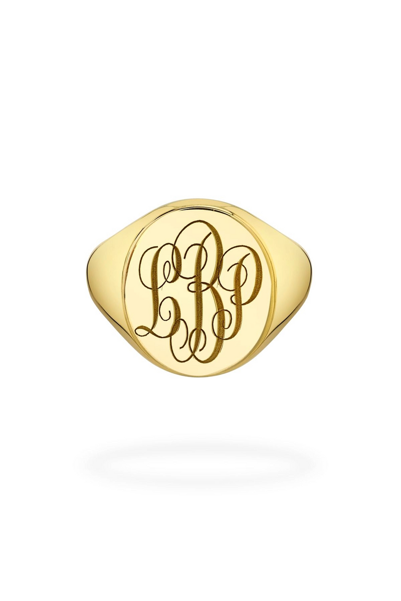 18K Yellow Gold Oval Signet Ring with Hand Engraved Customization
