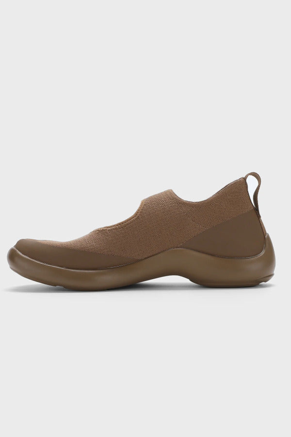 Right side view of chocolate tabi sandal on white background, with no model shown.