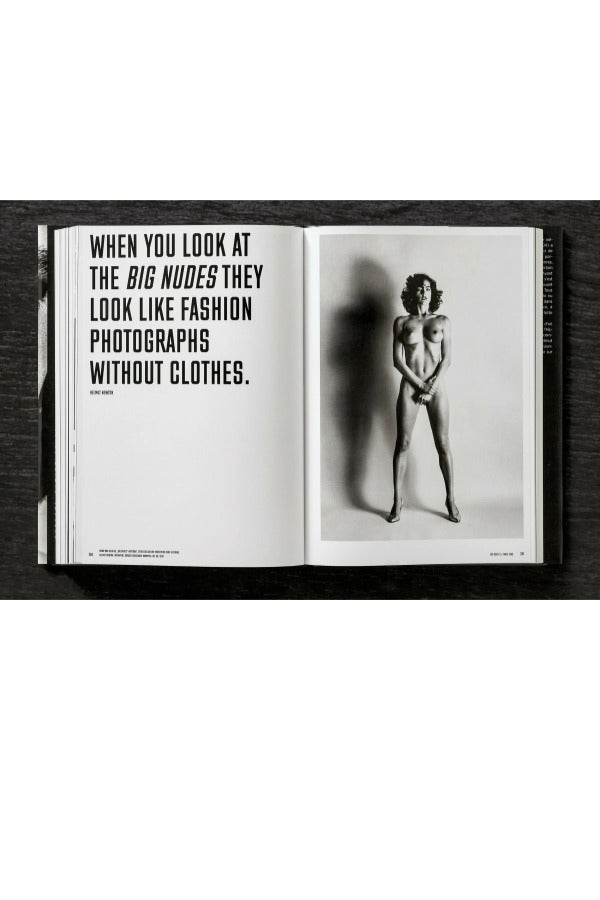 Open view of taschen helmut newton's Legacy book on black background.
