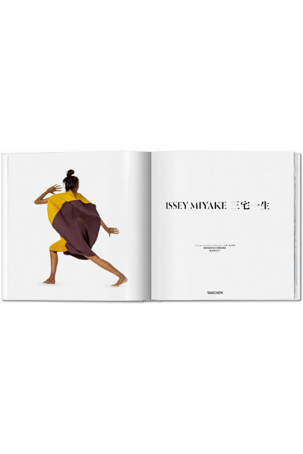 Open book view of taschen issey miyaki on white background.