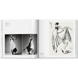 Open book view of taschen issey miyaki book on white background.