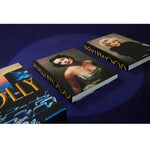 Side by Side view of two included books for taschen life hollywood on blue background.