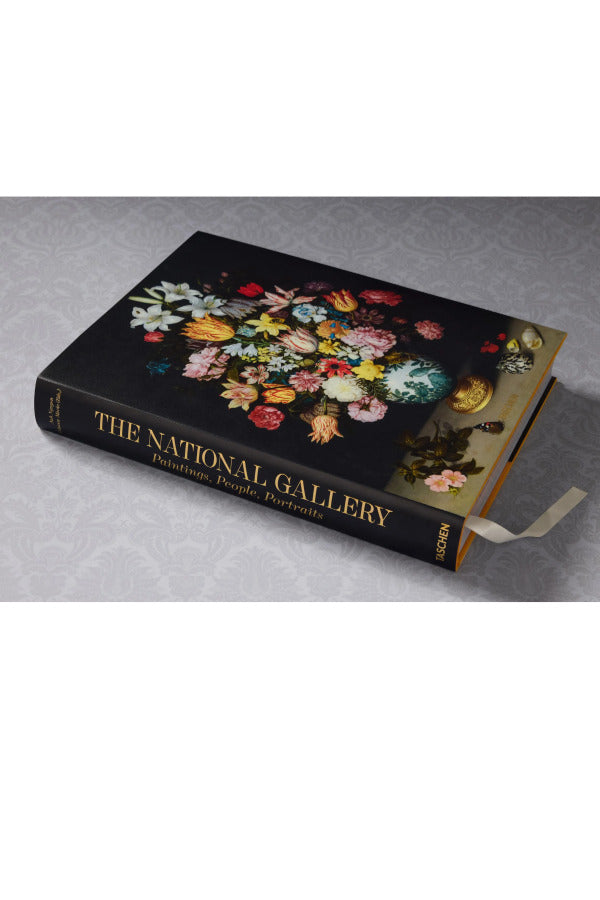 Front slanted view of taschen national gallery paintings, people book on light colored tablecloth
