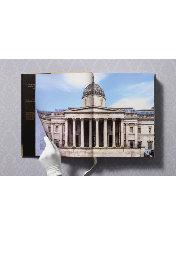 Open view of taschen national gallery paintings, people book on light colored tablecloth