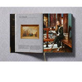 Open view of taschen national gallery paintings, people book on light colored tablecloth.