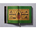 Open view of taschen national gallery paintings, people book on light colored tablecloth.