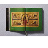 Open view of taschen national gallery paintings, people book on light colored tablecloth.