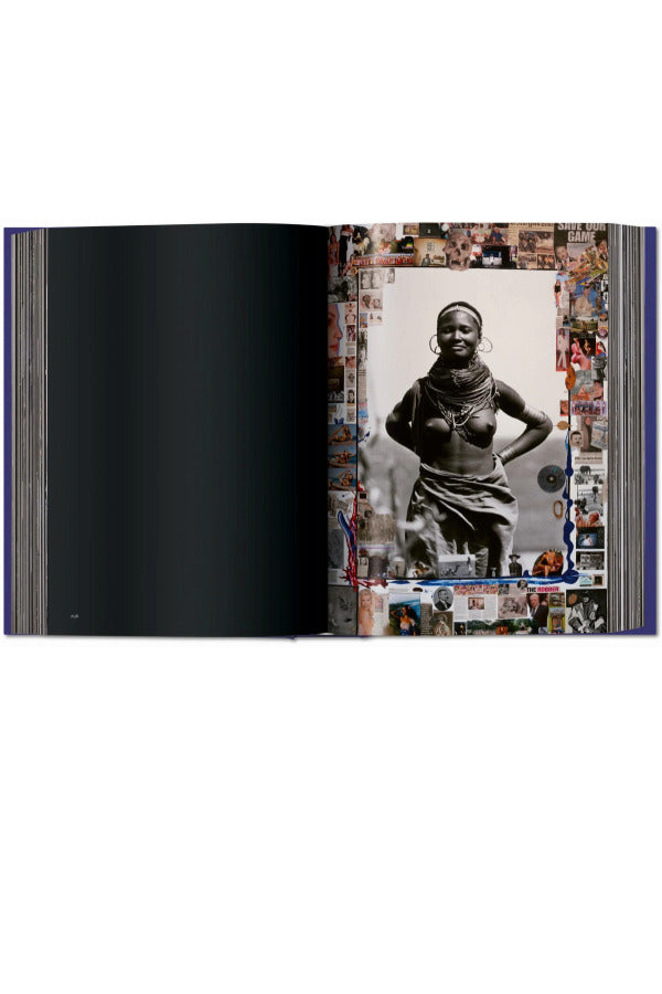 Open view of taschen peter beard book on white background.