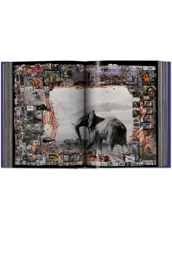 Open view of taschen peter beard book on white background.