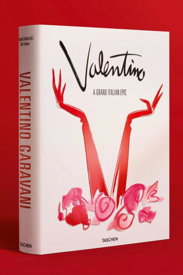 Front view of taschen Valentino book on red background.