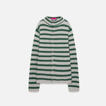 Front view of fern/white costeau stripe cardigan on white background, with no model shown.