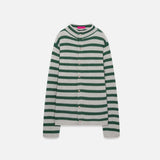 Front view of fern/white costeau stripe cardigan on white background, with no model shown.
