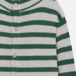 Front closeup view of fern/white costeau stripe cardigan on white background, with no model shown.