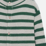 Front closeup view of fern/white costeau stripe cardigan on white background, with no model shown.