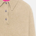 Front closeup view of oatmeal laurel polo on white background, with no model shown.