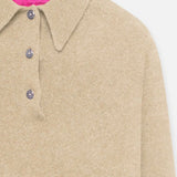 Front closeup view of oatmeal laurel polo on white background, with no model shown.