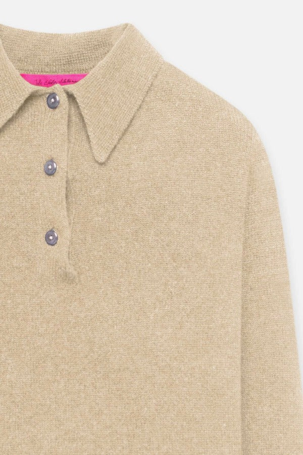 Front closeup view of oatmeal laurel polo on white background, with no model shown.