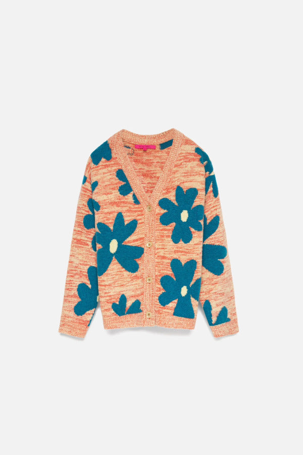 Front view of multi floral the elder statesman sun and moon cardigan, against white background, with no model shown.