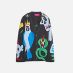 Front view of multi mythical creatures cardigan on flat surface, against white background, no model shown.