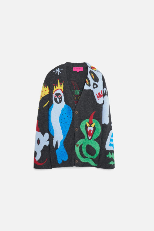 Front view of multi mythical creatures cardigan on flat surface, against white background, no model shown.