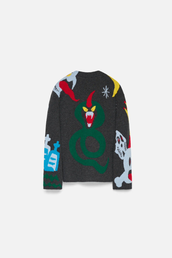 Back view of multi mythical creatures on flat surface, against white background with no model shown.