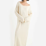 Front view of natural nora lite oversized dress on model wearing sandals, against a white background.